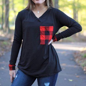 NEW ROGUE SOCIETY Buffalo Plaid Pocket Top Long Sleeve Black Red sz 3X